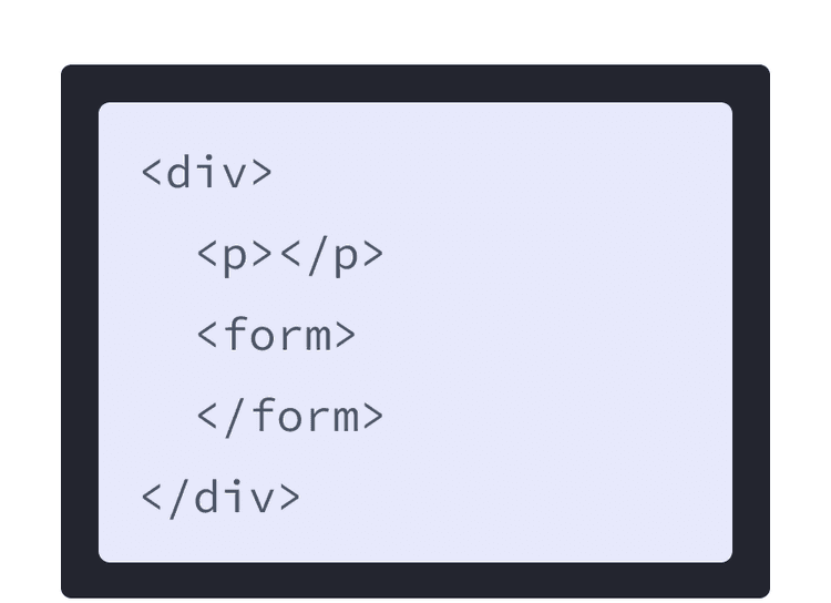 HTML markup with purple background and a div with two child tags: p and form.
